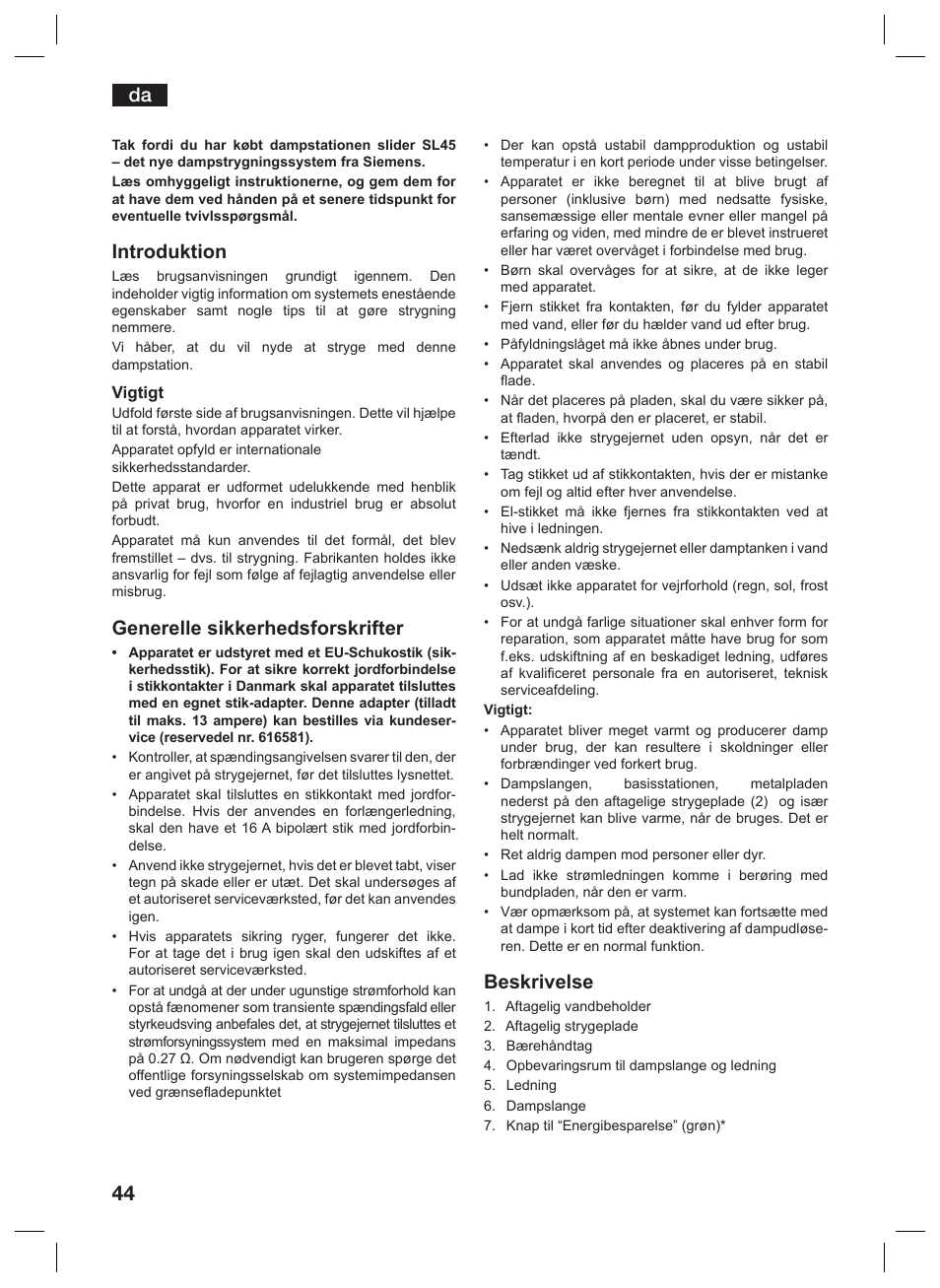 Introduktion, Generelle sikkerhedsforskrifter, Beskrivelse | Siemens TS45359 User Manual | Page 44 / 156