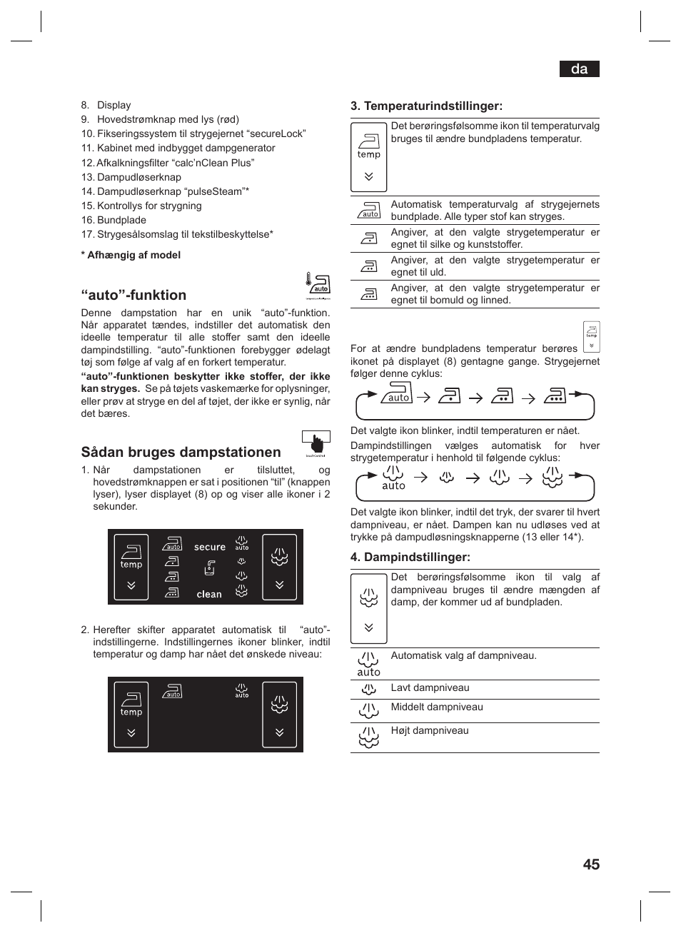 Auto”-funktion, Sådan bruges dampstationen | Siemens TS45359 User Manual | Page 45 / 156