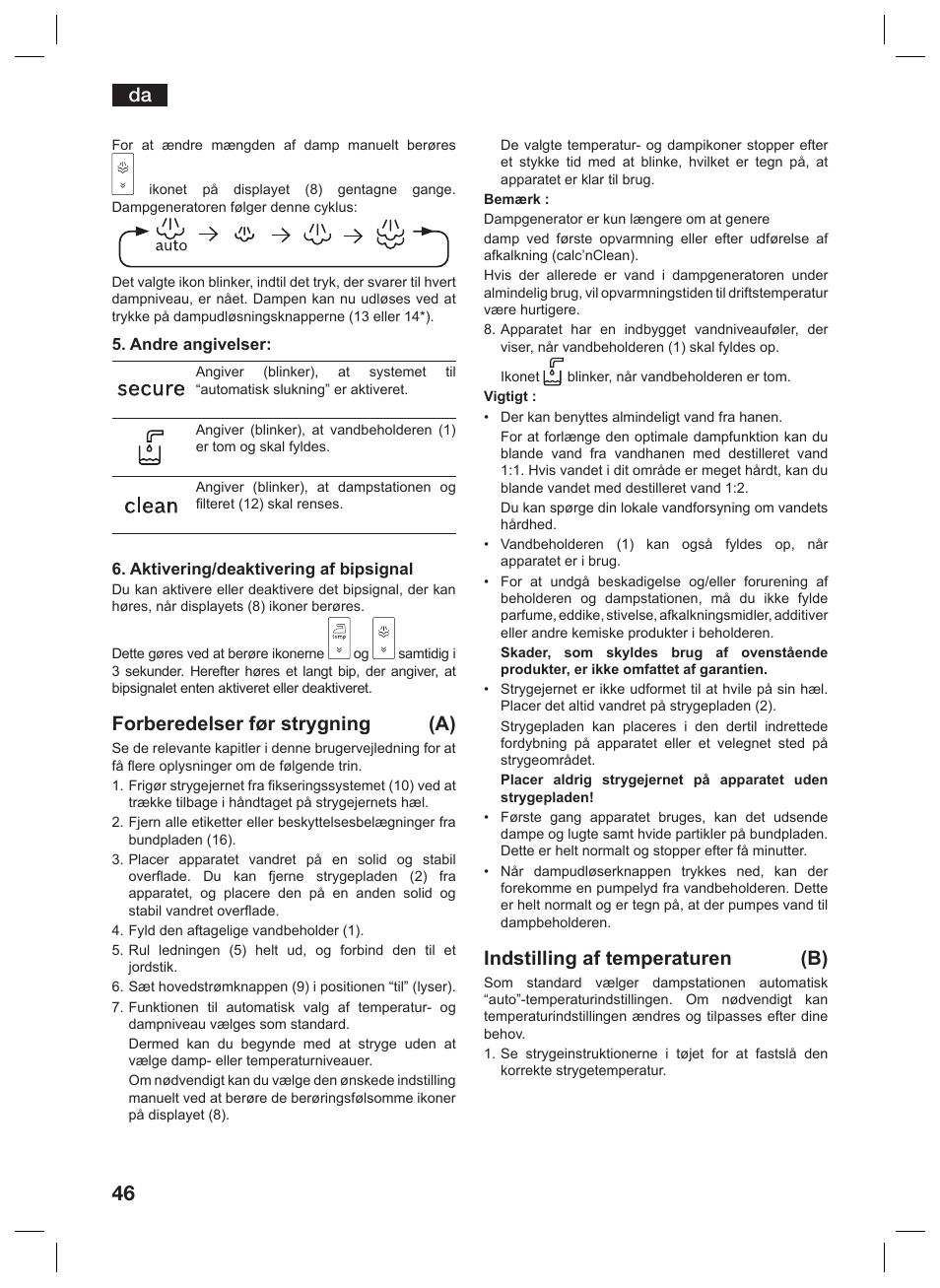 Forberedelser før strygning (a), Indstilling af temperaturen (b) | Siemens TS45359 User Manual | Page 46 / 156