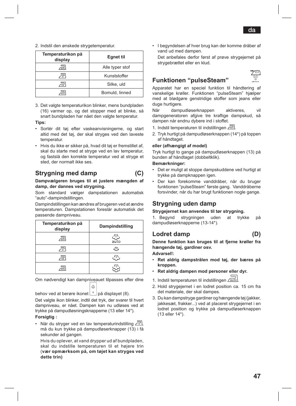 Strygning med damp (c), Funktionen “pulsesteam, Strygning uden damp | Lodret damp (d) | Siemens TS45359 User Manual | Page 47 / 156