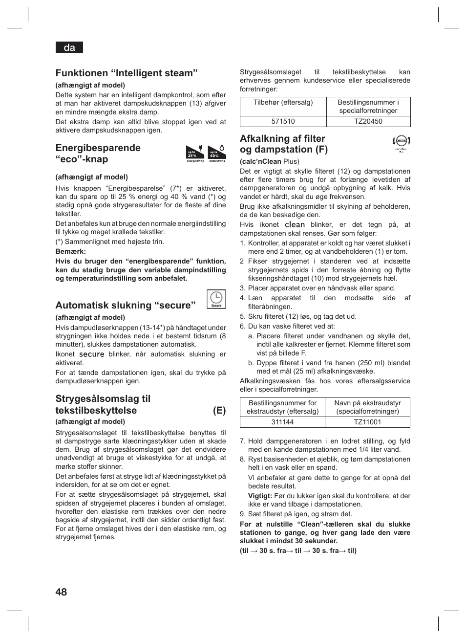 Funktionen “intelligent steam, Energibesparende “eco”-knap, Automatisk slukning “secure | Strygesålsomslag til tekstilbeskyttelse (e), Afkalkning af filter og dampstation (f) | Siemens TS45359 User Manual | Page 48 / 156