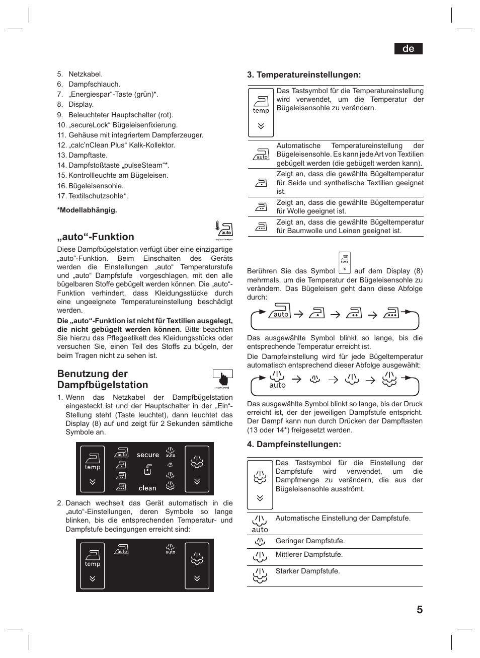 Auto“-funktion, Benutzung der dampfbügelstation | Siemens TS45359 User Manual | Page 5 / 156
