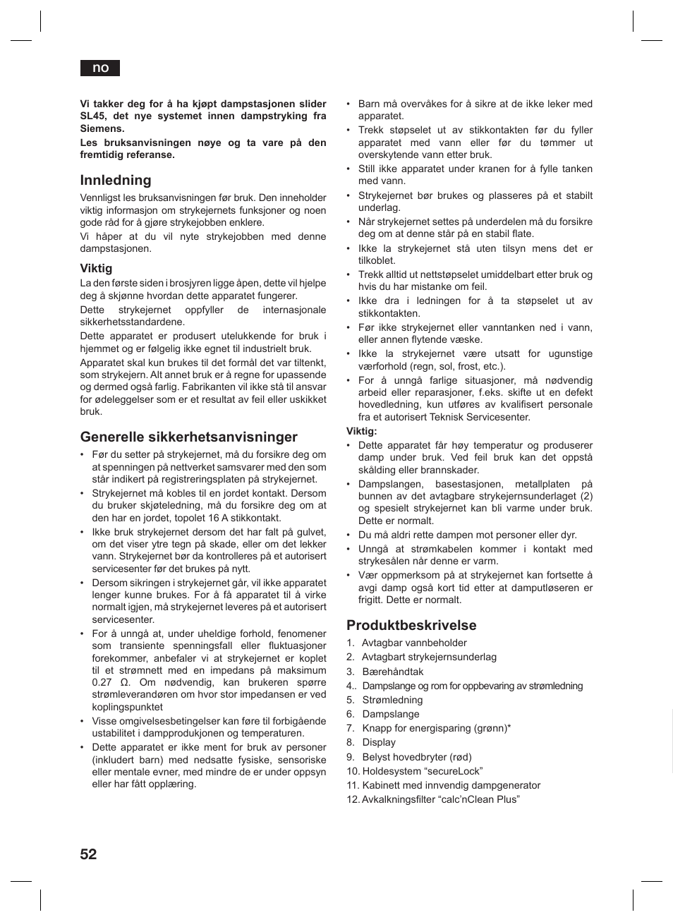 Innledning, Generelle sikkerhetsanvisninger, Produktbeskrivelse | Siemens TS45359 User Manual | Page 52 / 156