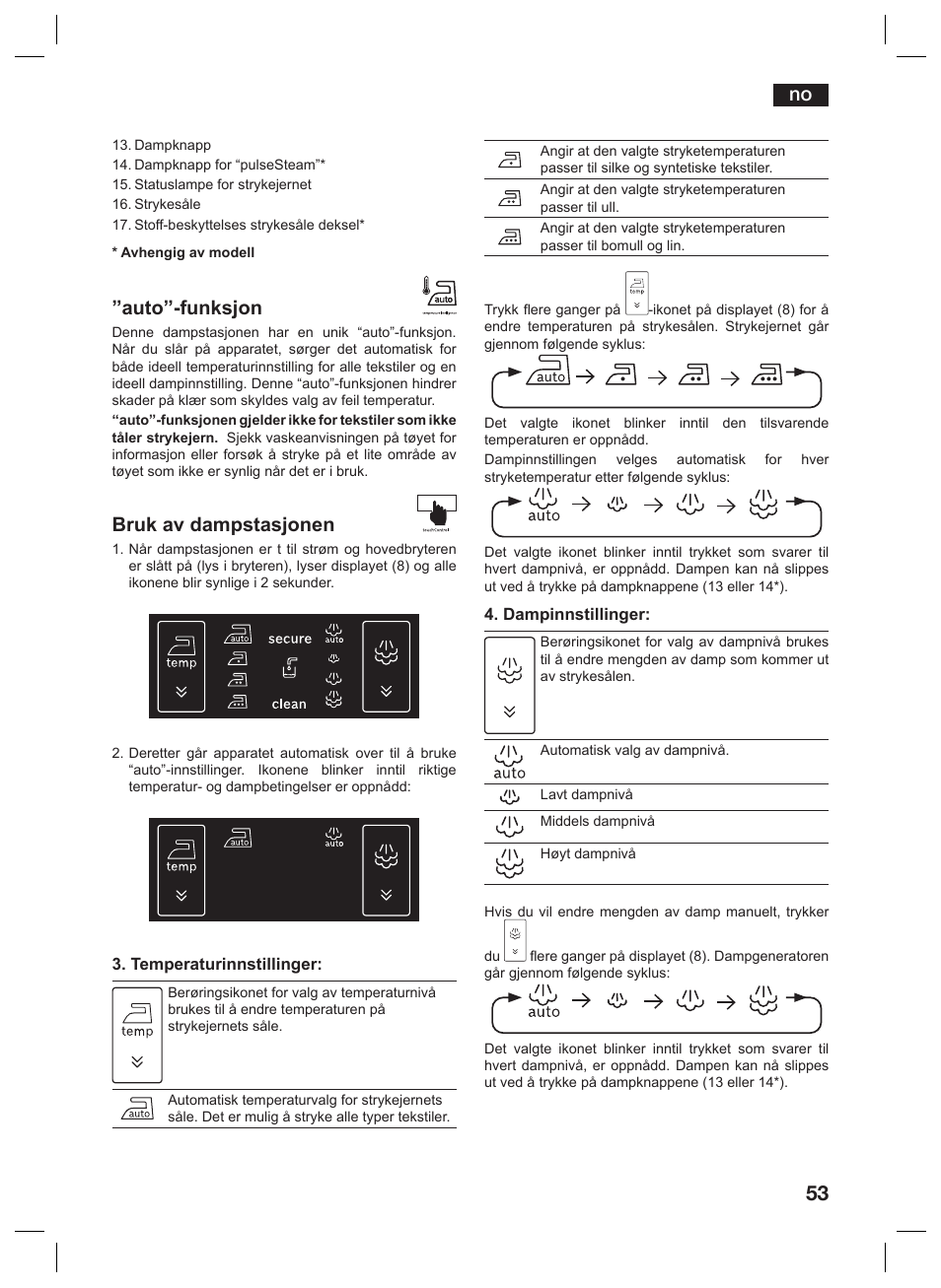 Auto”-funksjon, Bruk av dampstasjonen | Siemens TS45359 User Manual | Page 53 / 156