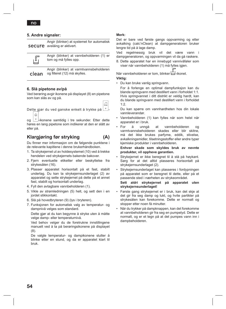 Klargjøring før stryking (a) | Siemens TS45359 User Manual | Page 54 / 156