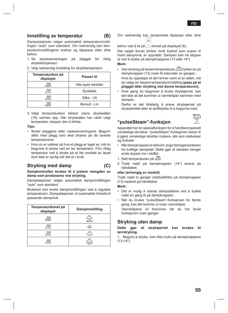 No innstilling av temperatur (b), Stryking med damp (c), Pulsesteam”-funksjon | Stryking uten damp | Siemens TS45359 User Manual | Page 55 / 156