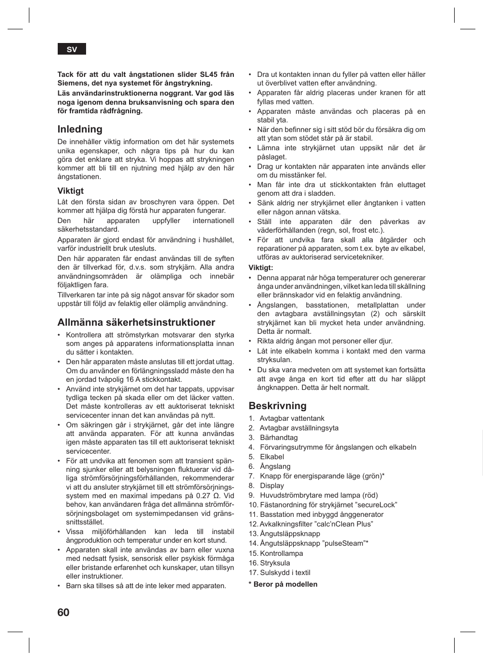 Inledning, Allmänna säkerhetsinstruktioner, Beskrivning | Siemens TS45359 User Manual | Page 60 / 156