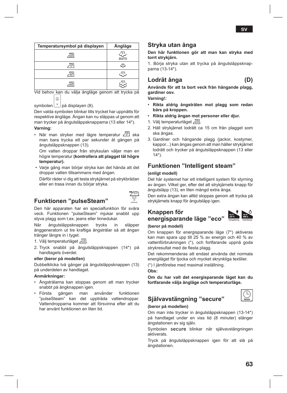 Funktionen ”pulsesteam, Stryka utan ånga, Lodrät ånga (d) | Funktionen ”intelligent steam, Knappen för energisparande läge ”eco, Självavstängning ”secure | Siemens TS45359 User Manual | Page 63 / 156