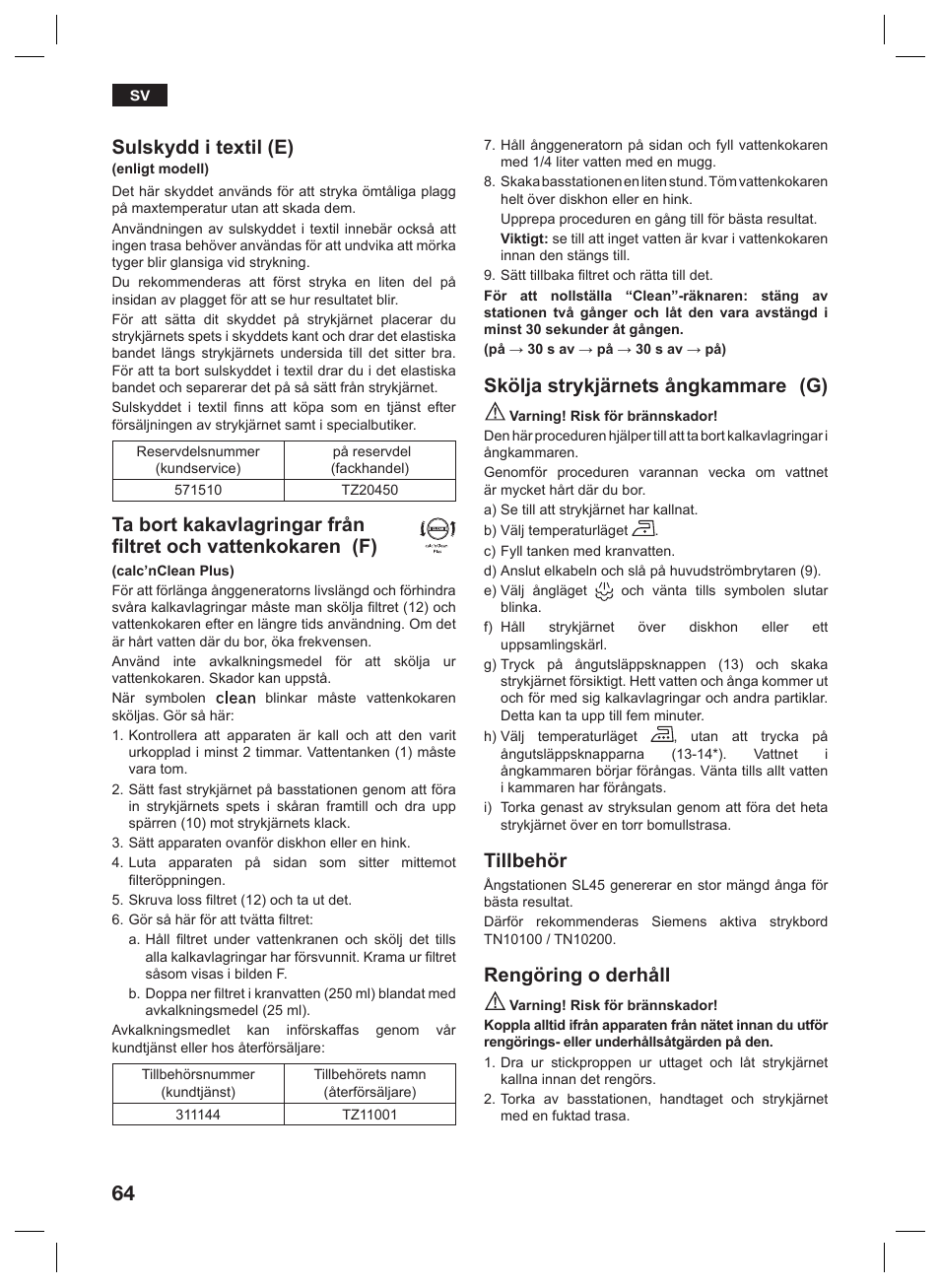 Sulskydd i textil (e), Skölja strykjärnets ångkammare (g), Tillbehör | Rengöring o derhåll | Siemens TS45359 User Manual | Page 64 / 156