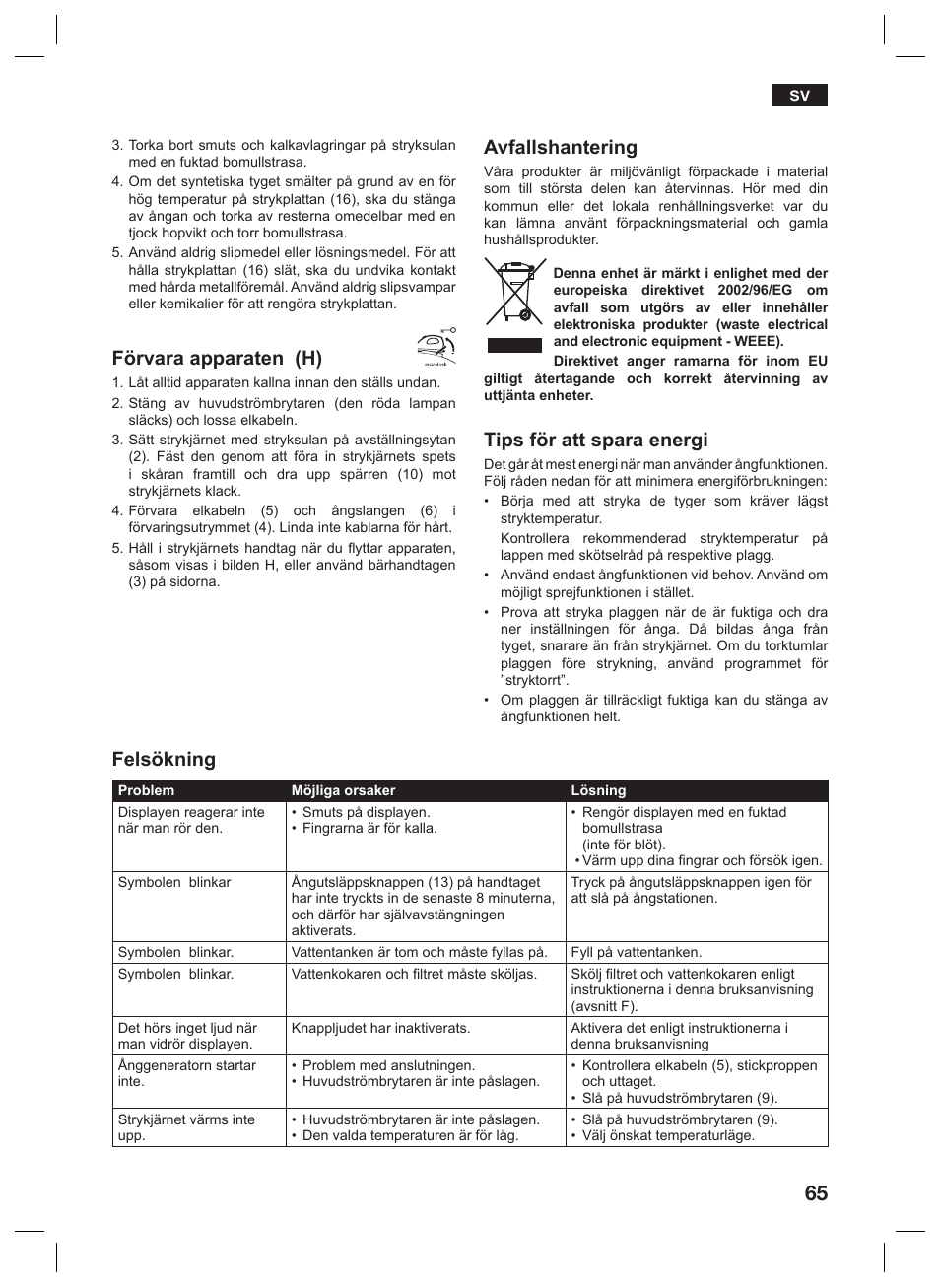 Förvara apparaten (h), Avfallshantering, Tips för att spara energi | Felsökning | Siemens TS45359 User Manual | Page 65 / 156