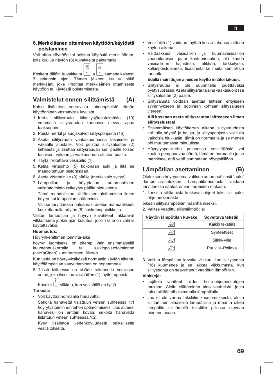 Valmistelut ennen silittämistä (a), Lämpötilan asettaminen (b) | Siemens TS45359 User Manual | Page 69 / 156