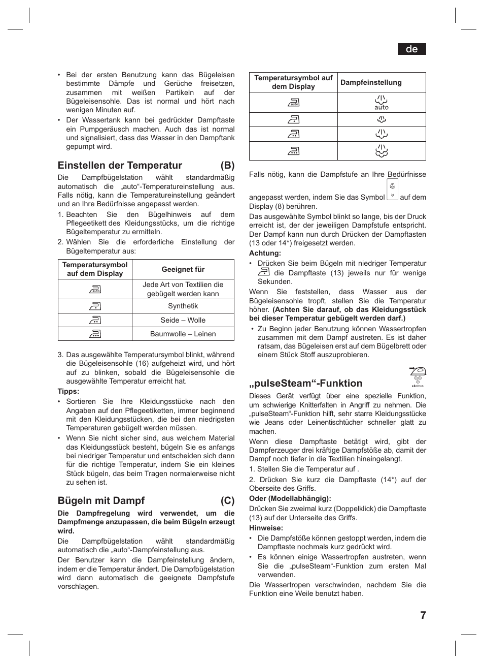 Einstellen der temperatur (b), Bügeln mit dampf (c), Pulsesteam“-funktion | Siemens TS45359 User Manual | Page 7 / 156