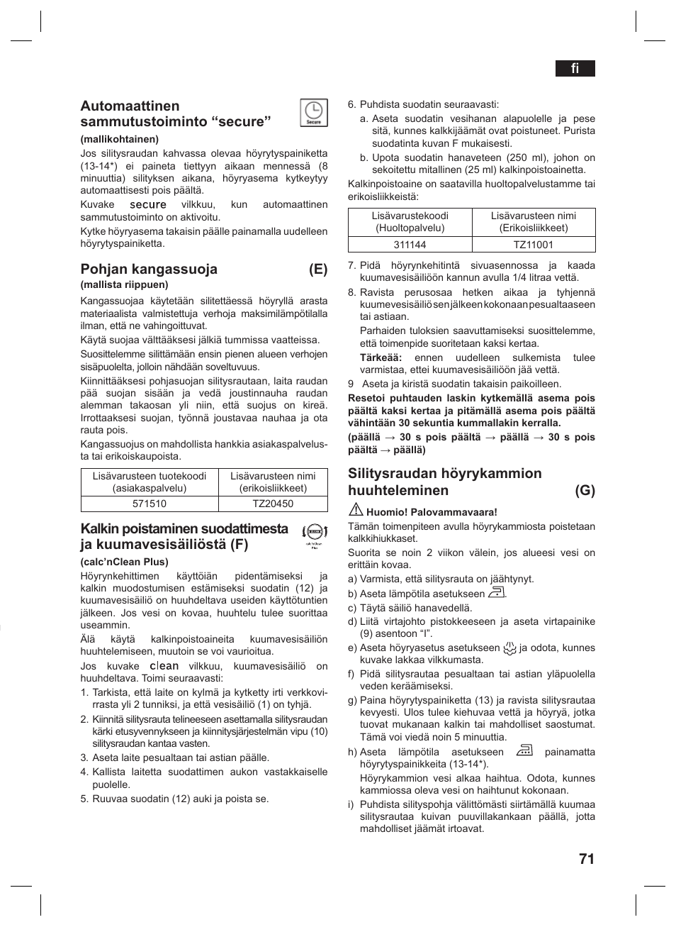 Automaattinen sammutustoiminto “secure, Pohjan kangassuoja (e), Silitysraudan höyrykammion huuhteleminen (g) | Siemens TS45359 User Manual | Page 71 / 156