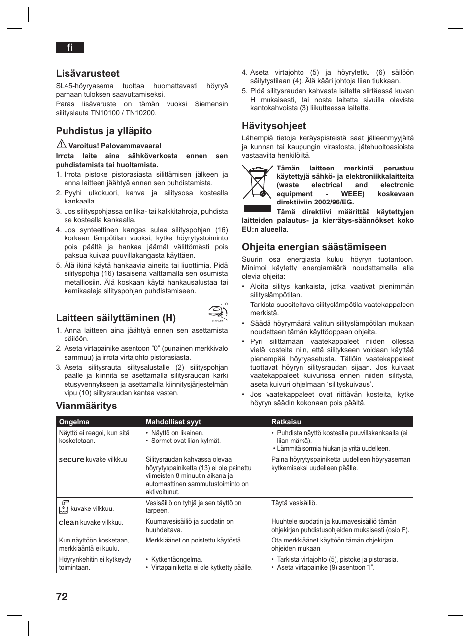 Fi lisävarusteet, Puhdistus ja ylläpito, Laitteen säilyttäminen (h) | Hävitysohjeet, Ohjeita energian säästämiseen, Vianmääritys | Siemens TS45359 User Manual | Page 72 / 156