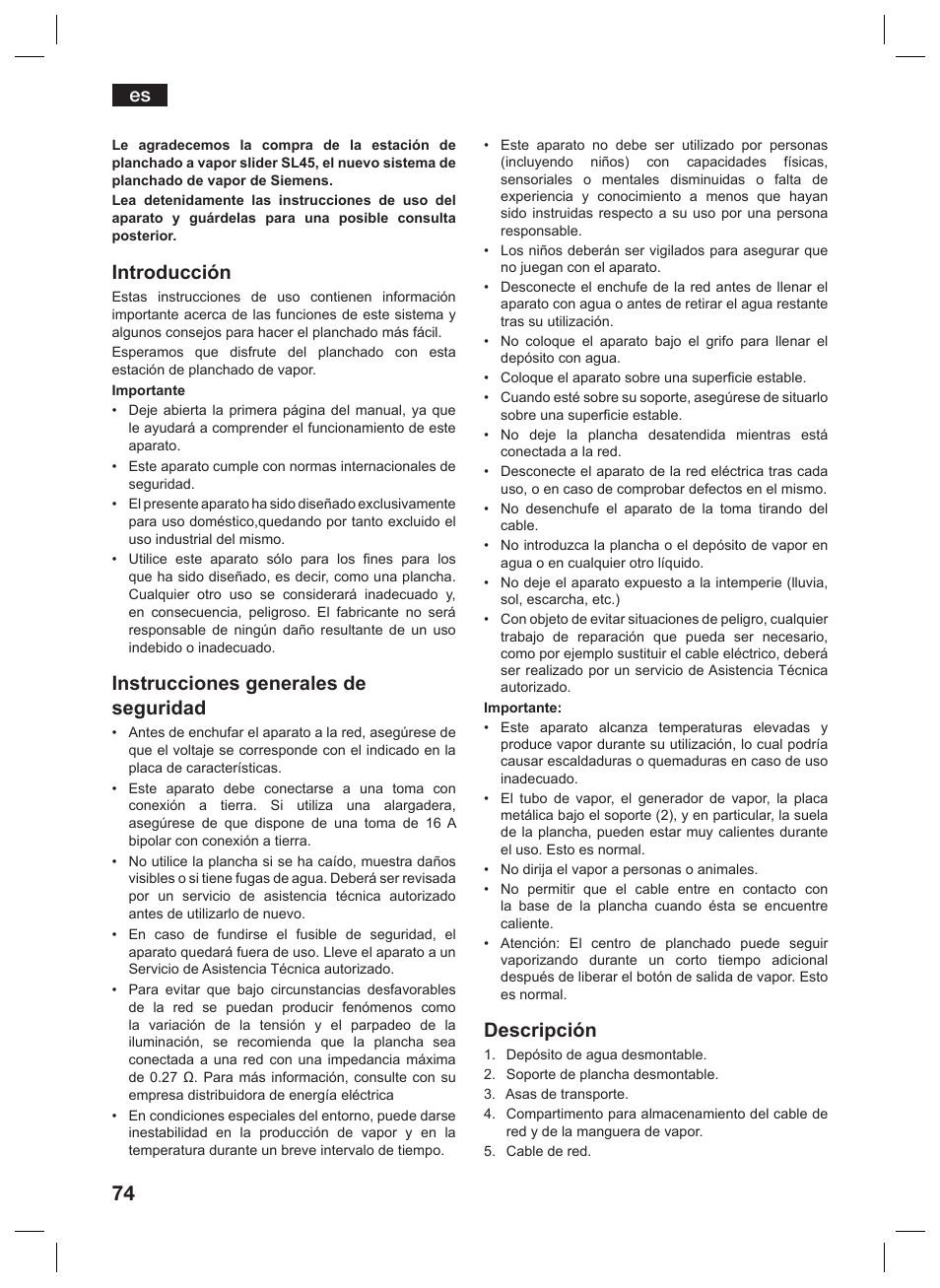 Introducción, Instrucciones generales de seguridad, Descripción | Siemens TS45359 User Manual | Page 74 / 156
