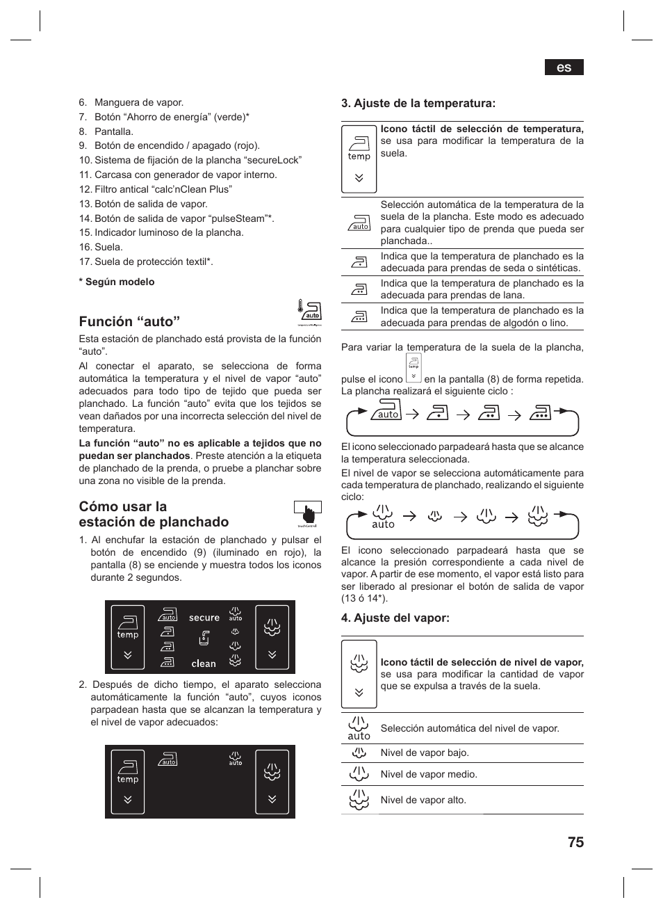 Función “auto, Cómo usar la estación de planchado | Siemens TS45359 User Manual | Page 75 / 156