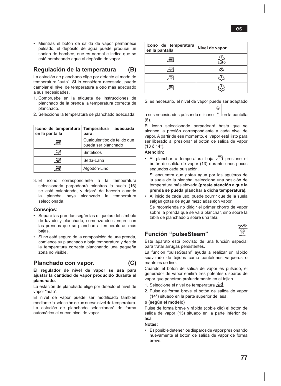 Regulación de la temperatura (b), Planchado con vapor. (c), Función “pulsesteam | Siemens TS45359 User Manual | Page 77 / 156