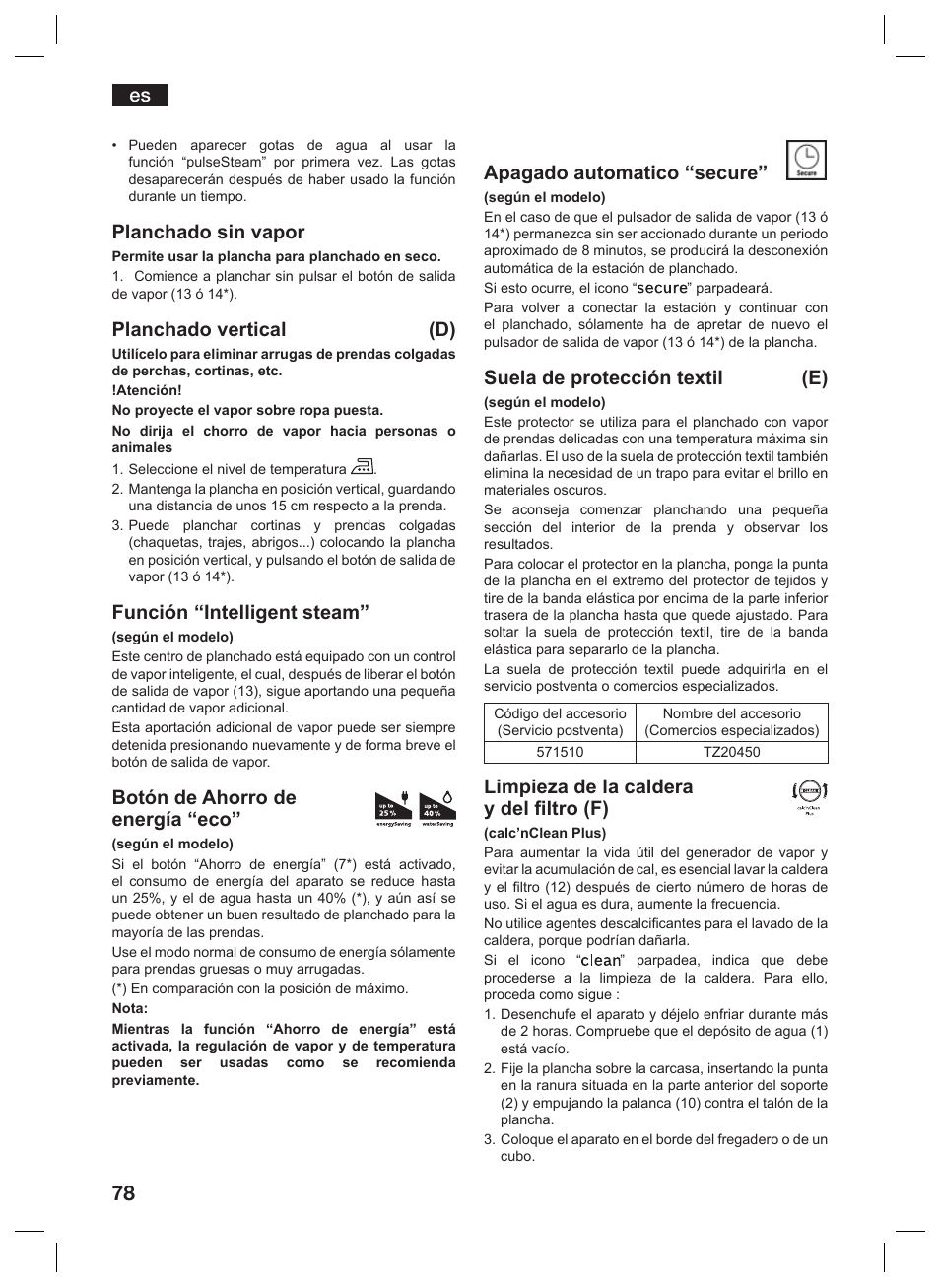 Planchado sin vapor, Planchado vertical (d), Función “intelligent steam | Botón de ahorro de energía “eco, Apagado automatico “secure, Suela de protección textil (e), Limpieza de la caldera y del filtro (f) | Siemens TS45359 User Manual | Page 78 / 156