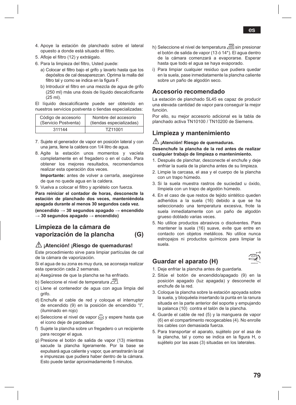 Accesorio recomendado, Limpieza y mantenimiento, Guardar el aparato (h) | Siemens TS45359 User Manual | Page 79 / 156