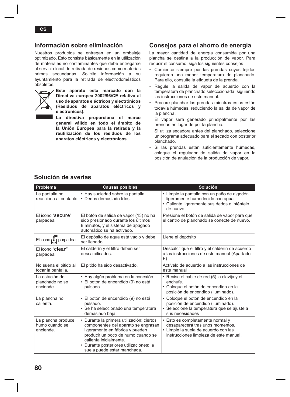 Información sobre eliminación, Consejos para el ahorro de energía, Solución de averías | Siemens TS45359 User Manual | Page 80 / 156