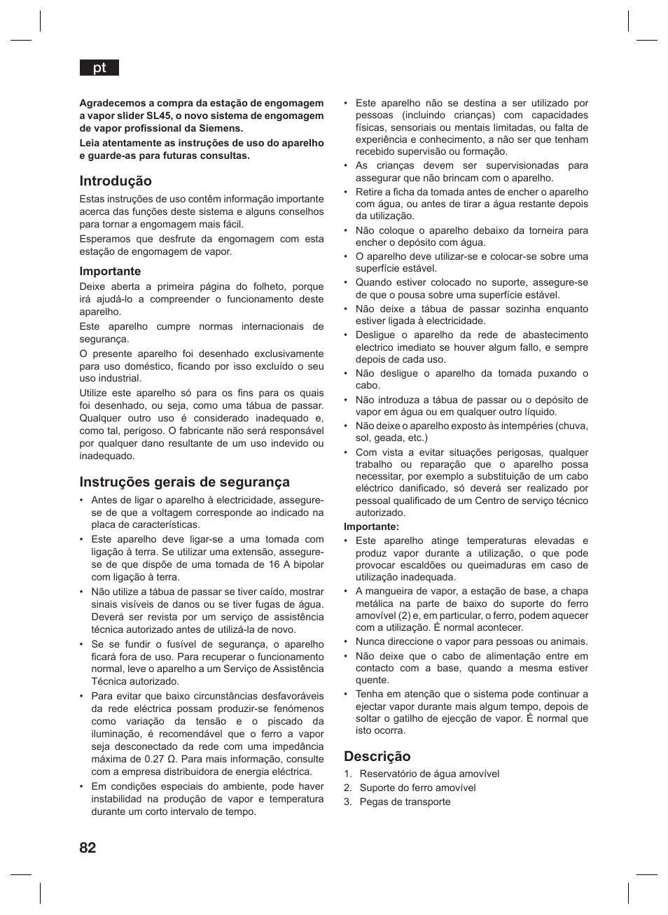 Introdução, Instruções gerais de segurança, Descrição | Siemens TS45359 User Manual | Page 82 / 156