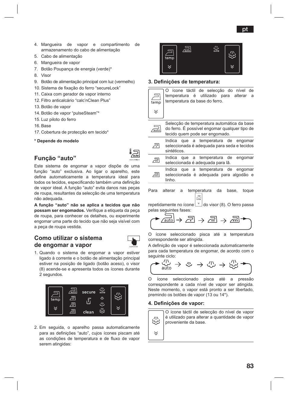 Função “auto, Como utilizar o sistema de engomar a vapor | Siemens TS45359 User Manual | Page 83 / 156