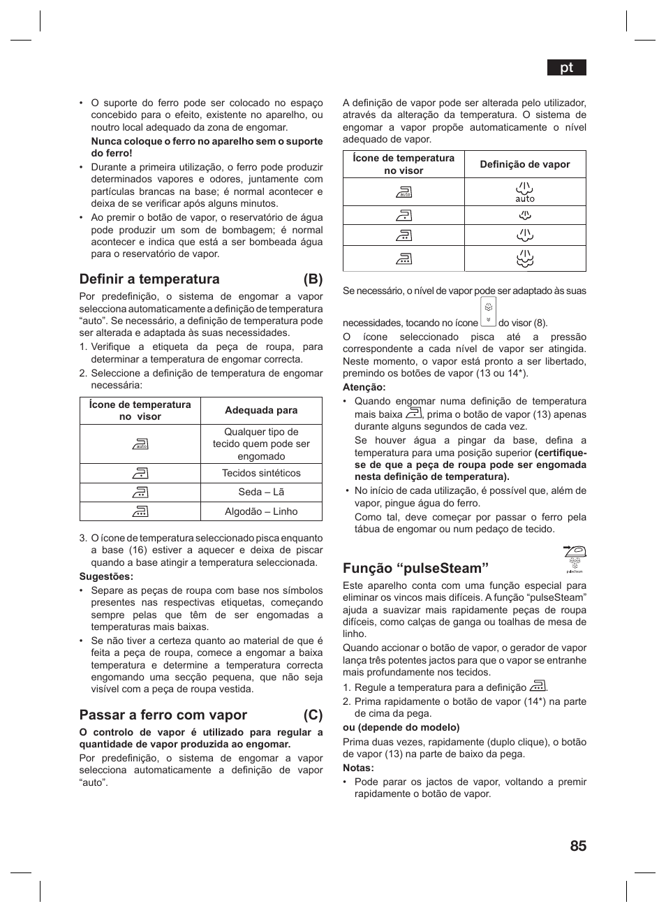 Definir a temperatura (b), Passar a ferro com vapor (c), Função “pulsesteam | Siemens TS45359 User Manual | Page 85 / 156