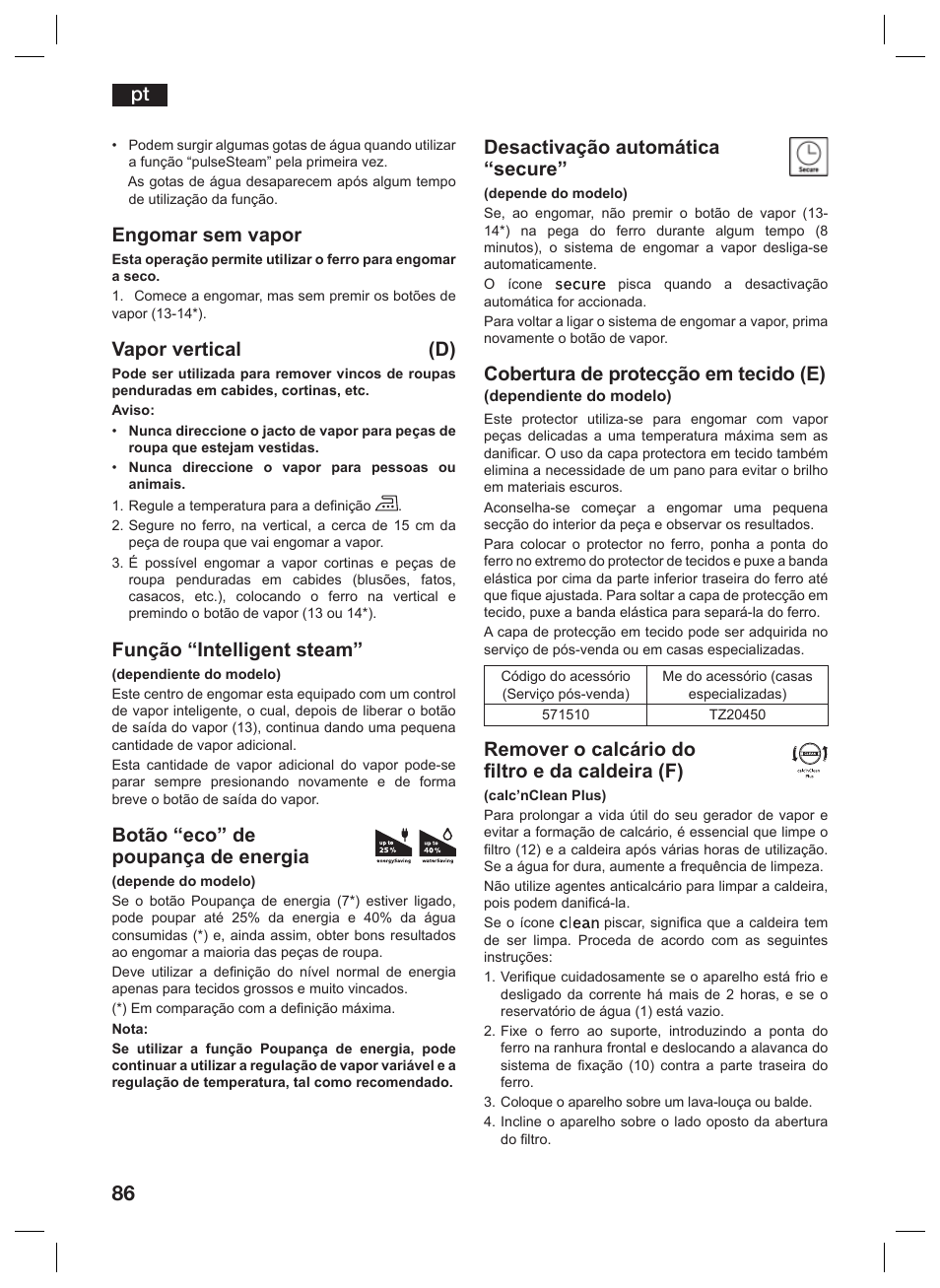 Engomar sem vapor, Vapor vertical (d), Função “intelligent steam | Botão “eco” de poupança de energia, Desactivação automática “secure, Cobertura de protecção em tecido (e), Remover o calcário do filtro e da caldeira (f) | Siemens TS45359 User Manual | Page 86 / 156