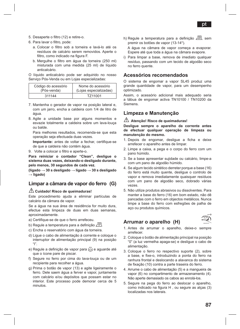 Limpar a câmara de vapor do ferro (g), Acessórios recomendados, Limpeza e manutenção | Arrumar o aparelho (h) | Siemens TS45359 User Manual | Page 87 / 156