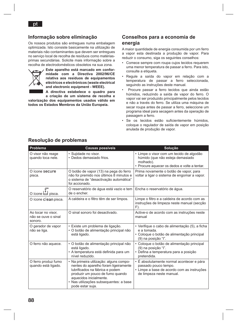 Pt conselhos para a economia de energia, Resolução de problemas, Informação sobre eliminação | Siemens TS45359 User Manual | Page 88 / 156