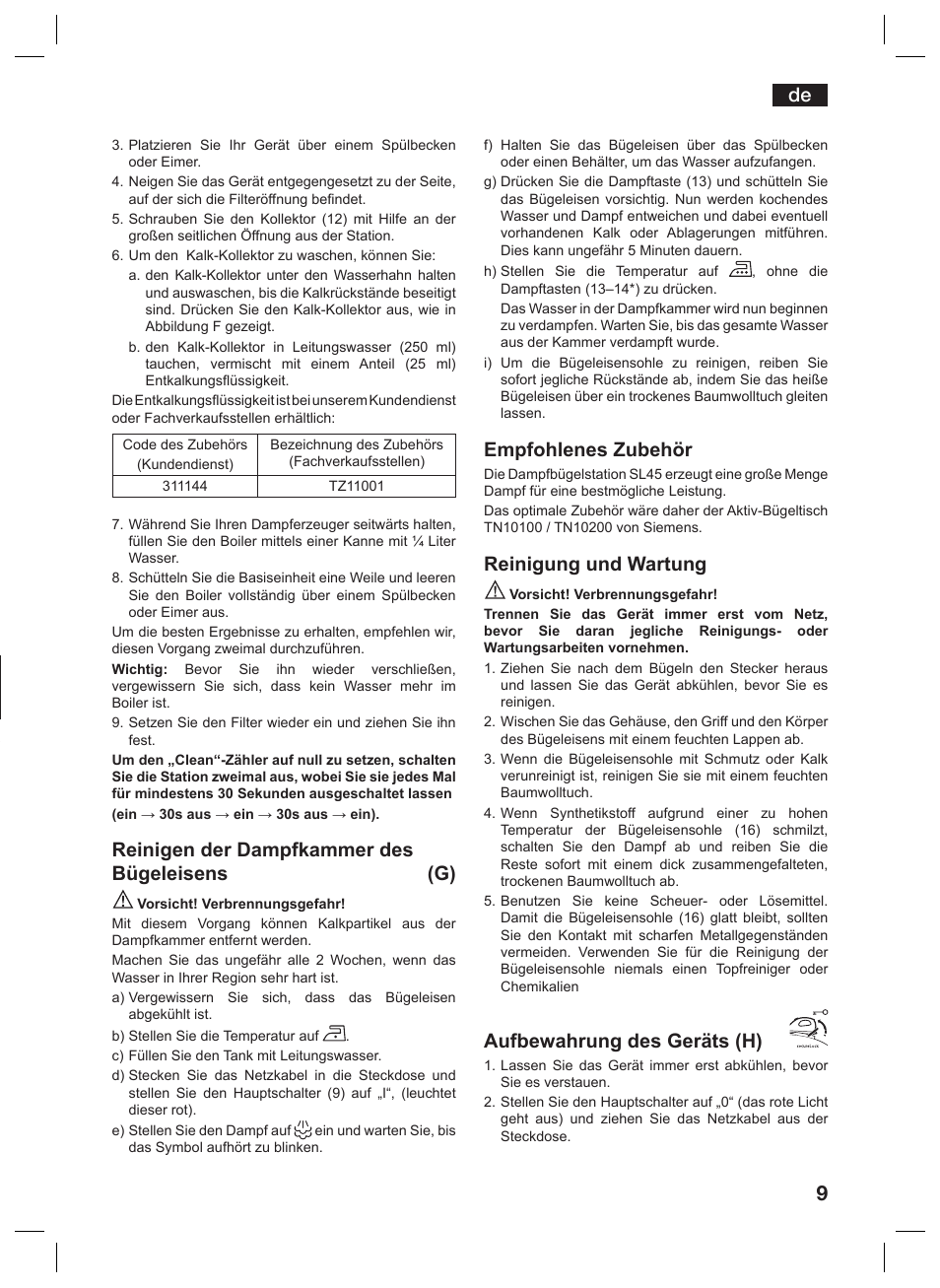 Reinigen der dampfkammer des bügeleisens (g), Empfohlenes zubehör, Reinigung und wartung | Aufbewahrung des geräts (h) | Siemens TS45359 User Manual | Page 9 / 156