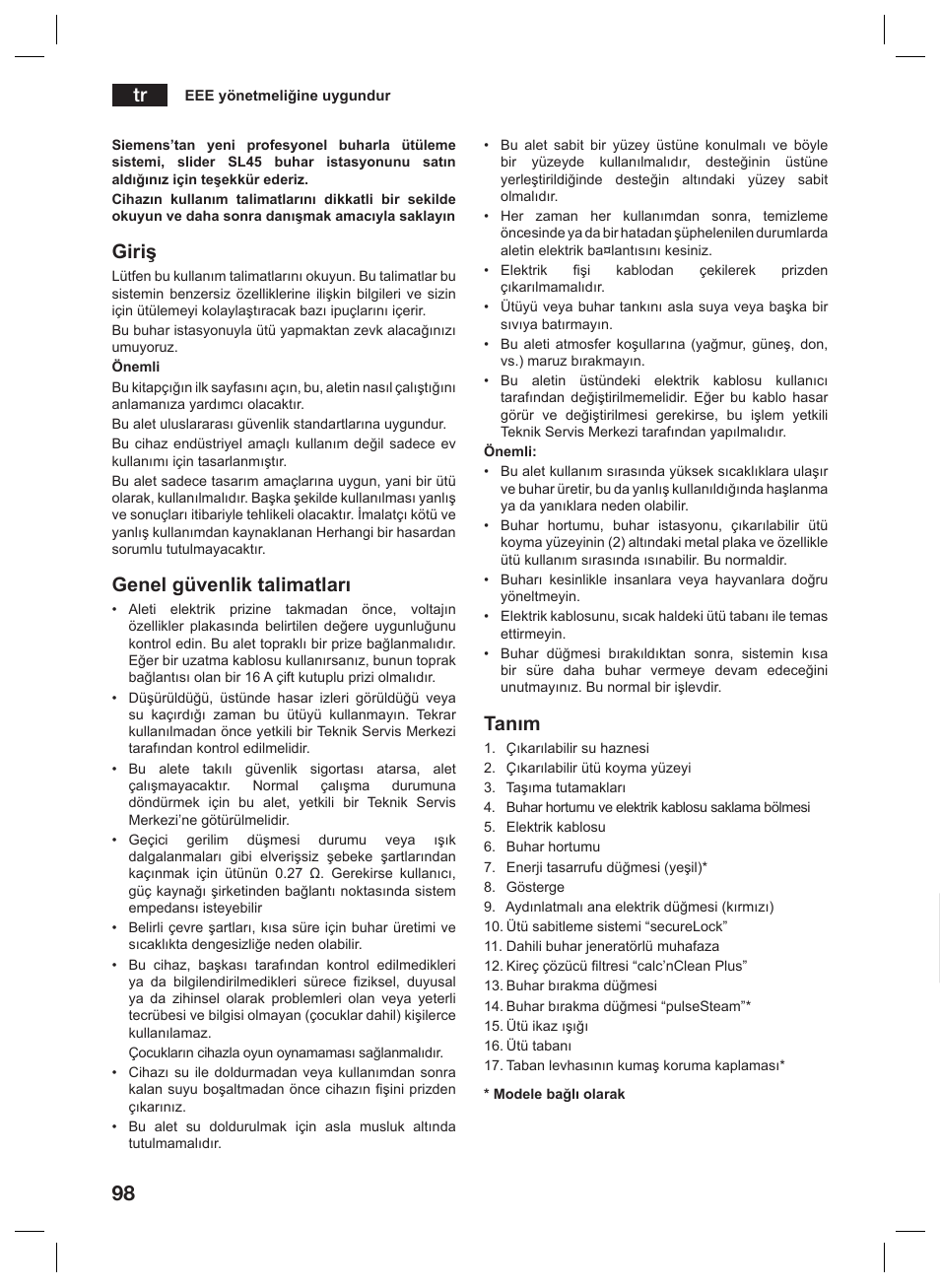 Giriş, Genel güvenlik talimatları, Tanım | Siemens TS45359 User Manual | Page 98 / 156