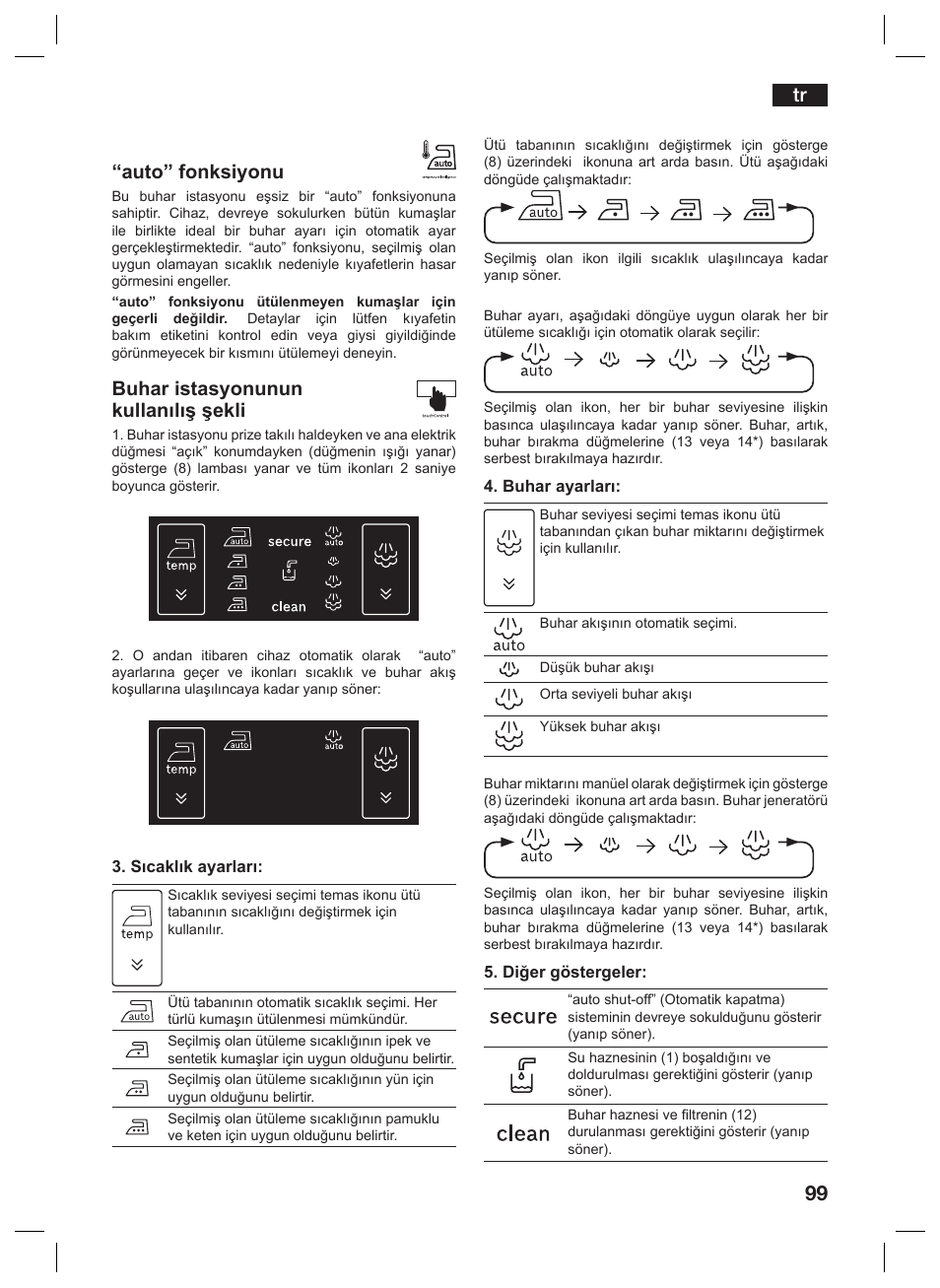 Auto” fonksiyonu, Buhar istasyonunun kullanılış şekli | Siemens TS45359 User Manual | Page 99 / 156