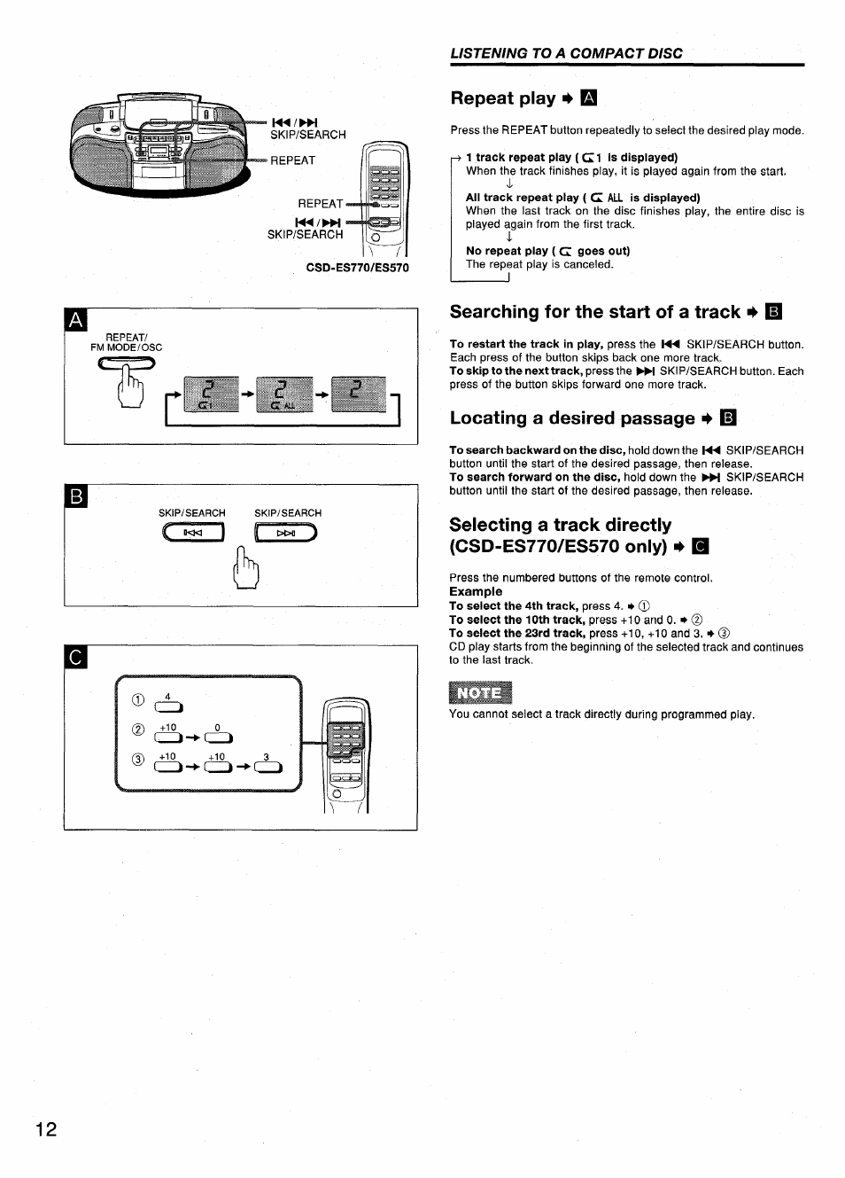 Repeat play 4, I-> 1 track repeat play (cl is displayed), Searching for the start of a track id | Locating a desired passage 4 10, Searching for the start of a track | Aiwa CSD-ES370 User Manual | Page 12 / 31