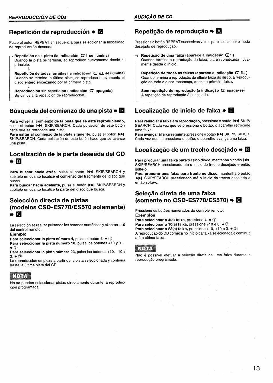 Repetición de reproducción ^ el, Repet¡9áo de reprodu9§o 4 13, Localización de la parte deseada del cd | Localíza9áo de um trecho desejado 4 id, 4 id, Repetición de reproducción, Búsqueda del comienzo de una pista, Localiza9áo de inicio de faixa, Localíza9áo de um trecho desejado | Aiwa CSD-ES370 User Manual | Page 13 / 31