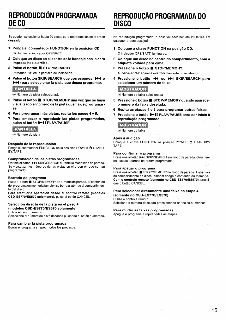 Reproduccion programada deco, Reprodugao programada do disco, Reproducción programada de cd | Reproduqào programada do disco, Reprodugao programada do, Disco | Aiwa CSD-ES370 User Manual | Page 15 / 31