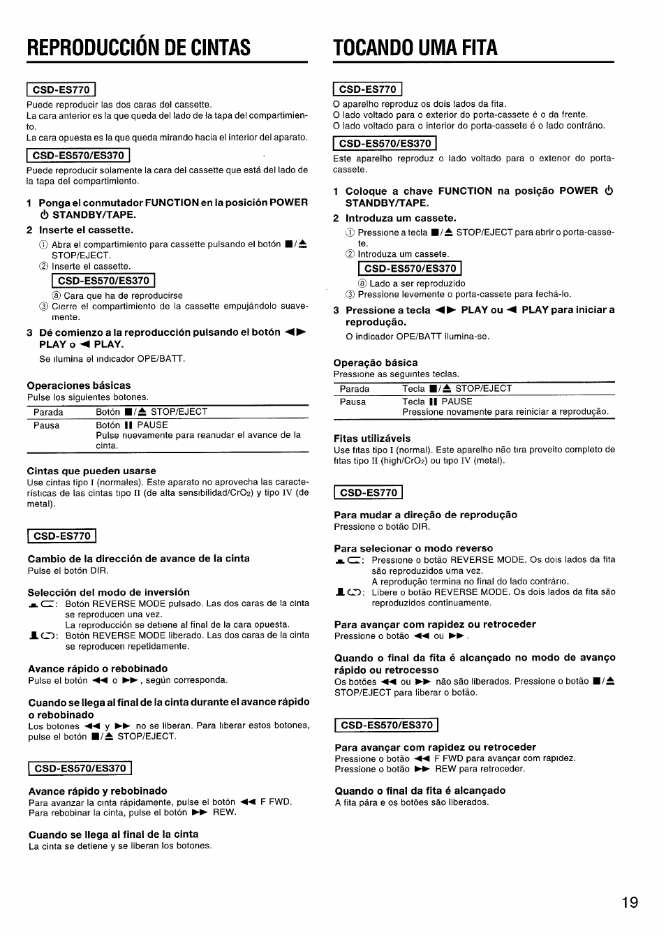 Reproduccion de cintas, Tocando uma fita, Reproducción de cintas | Reproduccion de cintas tocando uma fita | Aiwa CSD-ES370 User Manual | Page 19 / 31