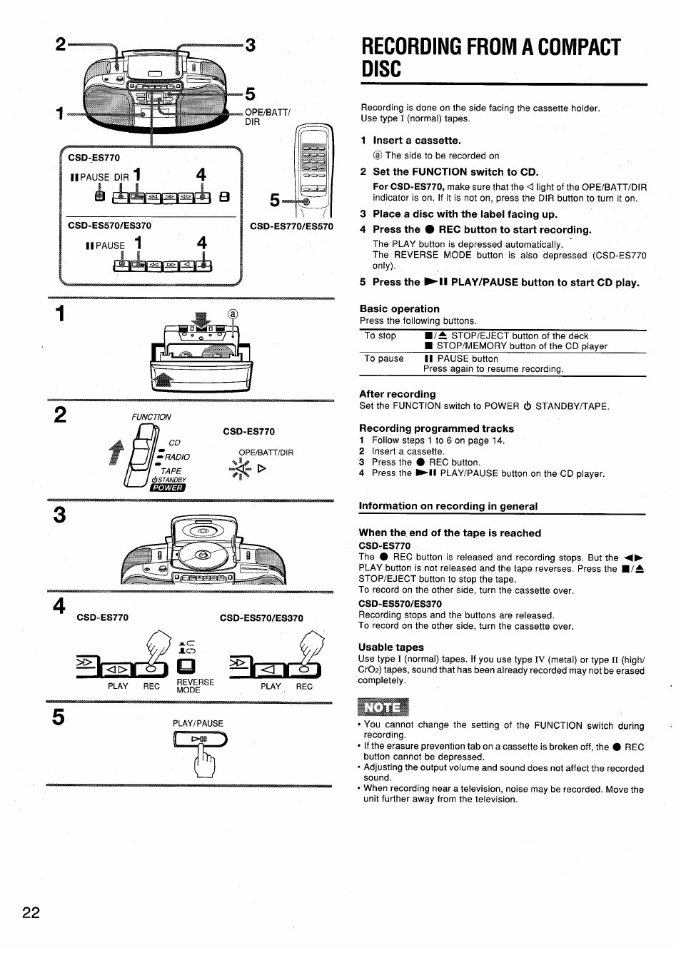 Recording from a compact disc, 1 insert a cassette, 2 set the function switch to cd | 3 place a disc with the iabel facing up, 4 press the # rec button to start recording, 5 press the ►!! play/pause button to start cd piay, Basic operation, After recording, Recording programmed tracks, Information on recording in general | Aiwa CSD-ES370 User Manual | Page 22 / 31