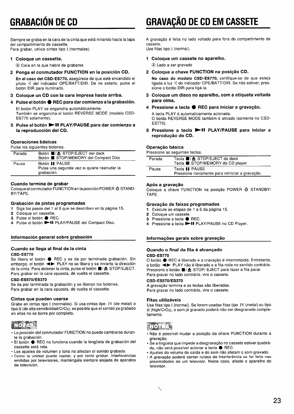 Gravaçâo de cd em cassete, Gravaqào de cd em cassete, Grabación de cd gravaçâo de cd em cassete | Aiwa CSD-ES370 User Manual | Page 23 / 31