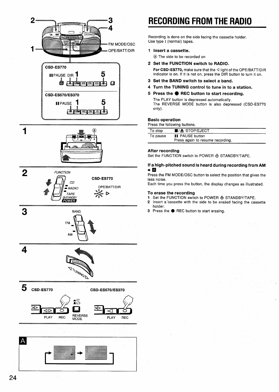 Recording from the radio, 1 insert a cassette, 2 set the function switch to radio | 3 set the band switch to select a band, 4 turn the tuning control to tune in to a station, 5 press the # rec button to start recording, Basic operation, After recording | Aiwa CSD-ES370 User Manual | Page 24 / 31