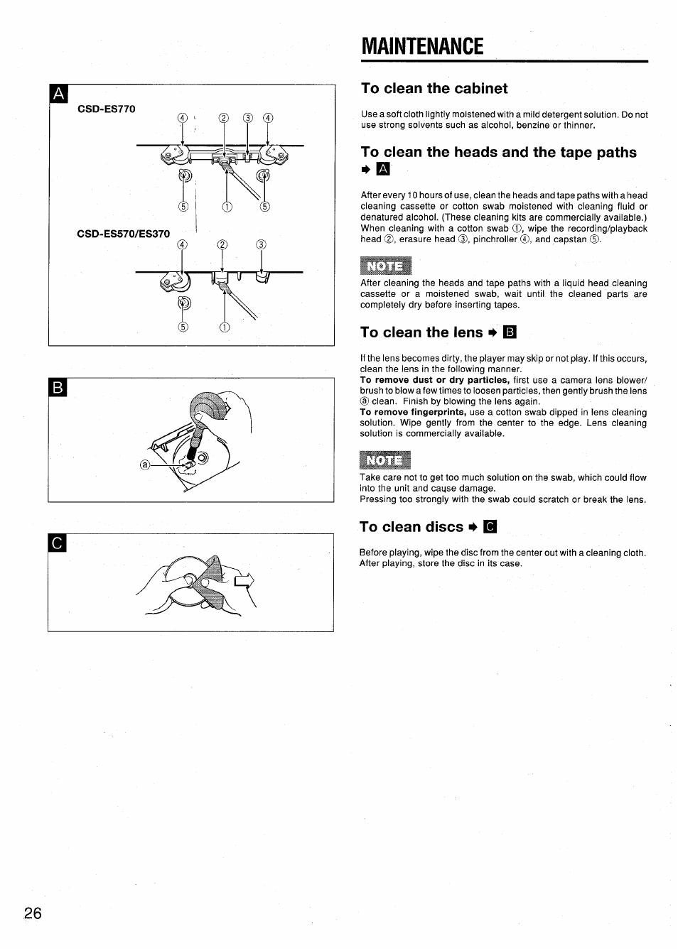 Maintenance, To clean the cabinet, To clean the heads and the tape paths | To clean the lens ^ 10, To clean discs b | Aiwa CSD-ES370 User Manual | Page 26 / 31