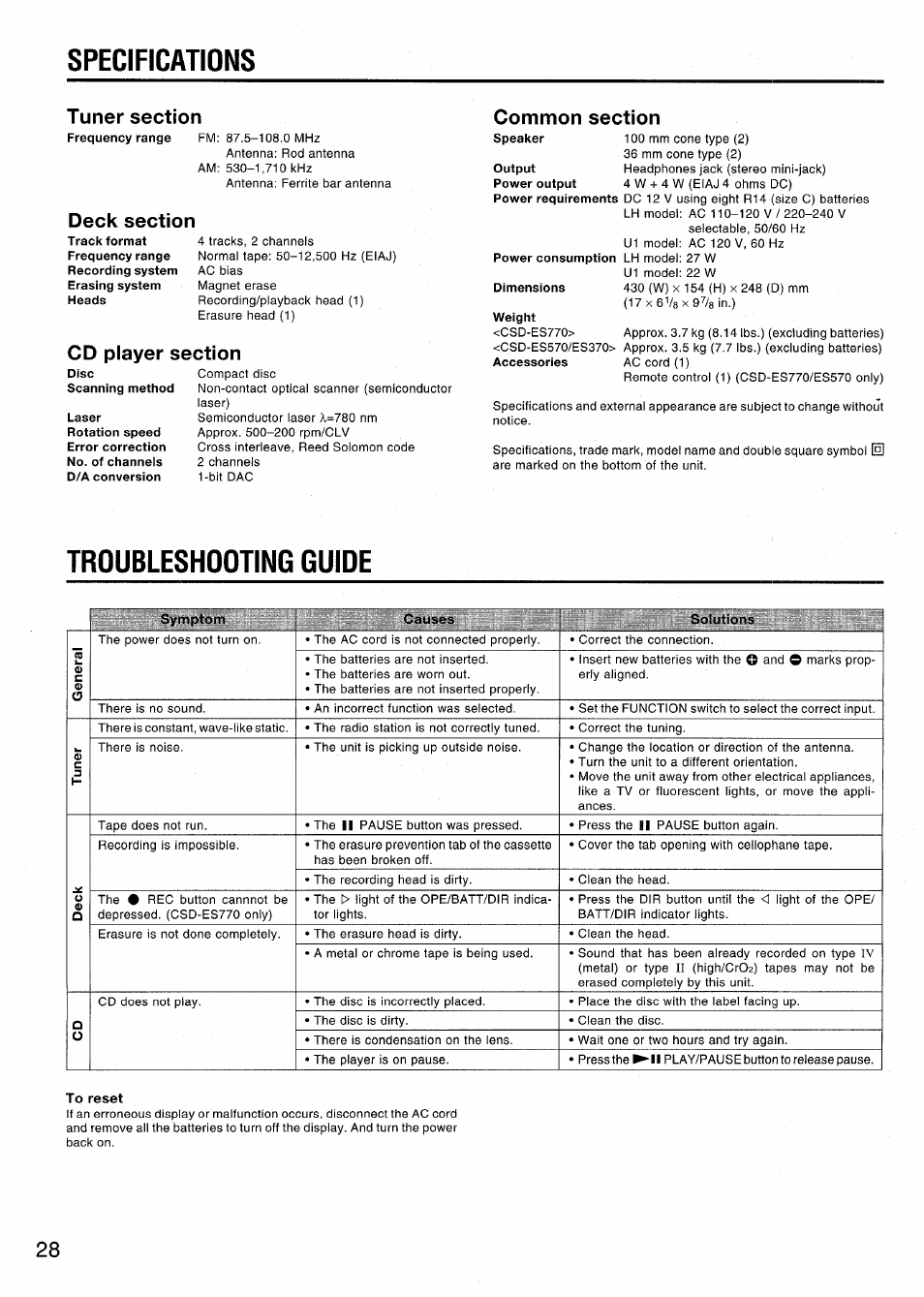 Specifications, Tuner section, Deck section | Cd player section, Common section, Troubleshooting guide | Aiwa CSD-ES370 User Manual | Page 28 / 31