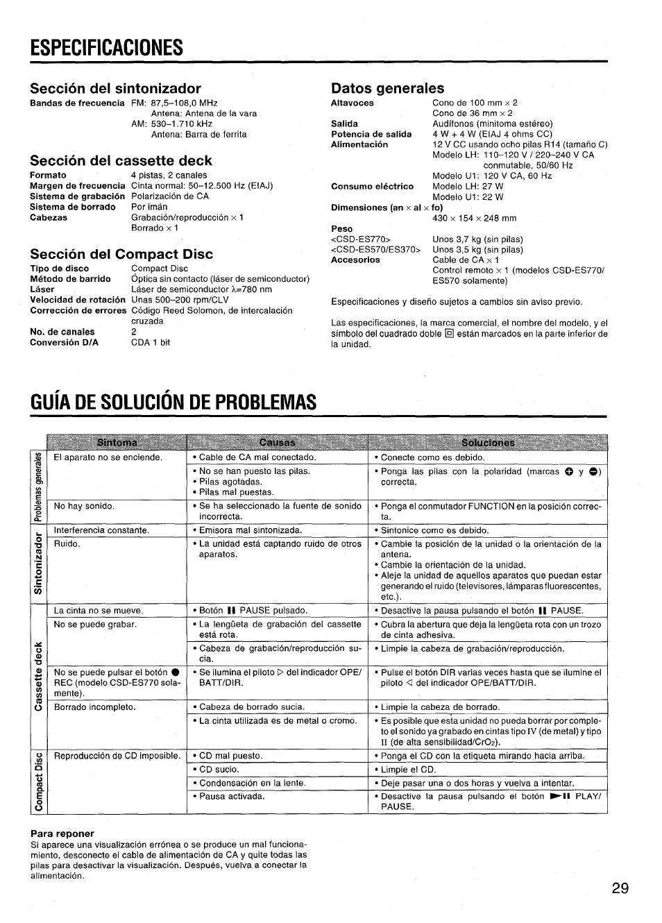 Especificaciones, Sección del sintonizador, Datos generales | Sección del cassette deck, Sección del compact disc, Guia de solucion de problemas, Para reponer, Guía de solución de problemas | Aiwa CSD-ES370 User Manual | Page 29 / 31