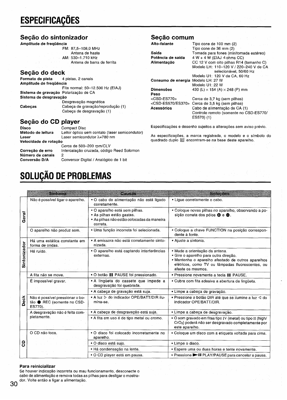 Especificaçôes, Segáo do sintonizador, Se9áo do deck | Segáo do cd player, Se9§o comum, Para reinicializar, Especificagóes, Soluç, Problemas | Aiwa CSD-ES370 User Manual | Page 30 / 31