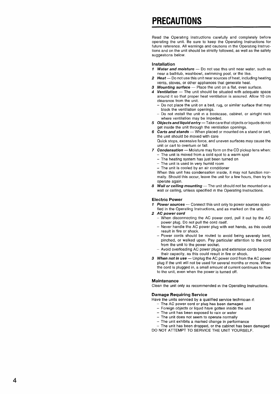 Precautions, Installation, Electric power | Maintenance | Aiwa CSD-ES370 User Manual | Page 4 / 31