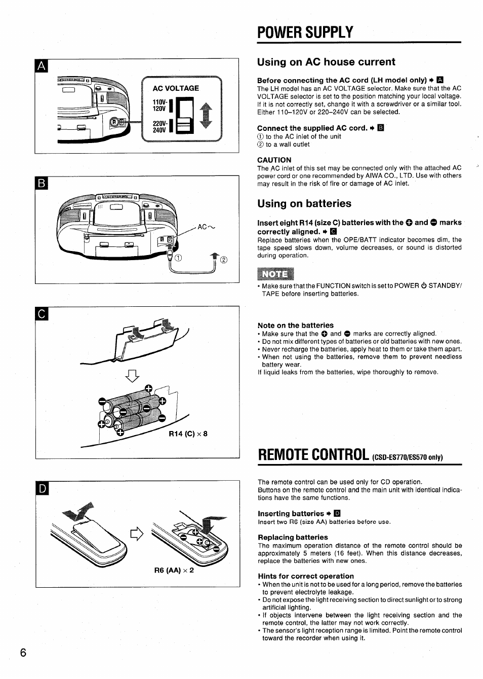 Power supply, Using on ac house current, Before connecting the ac cord (lh model only) ^ q | Connect the supplied ac cord. ^ id, Caution, Using on batteries, Note on the batteries, Remote control, Inserting batteries ^ b, Replacing batteries | Aiwa CSD-ES370 User Manual | Page 6 / 31