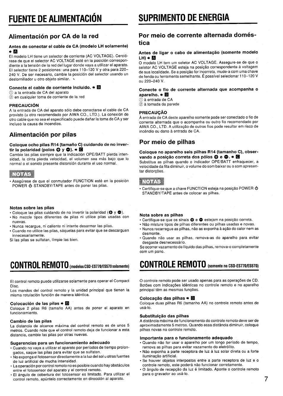 Fuente de alimentacion, Suprimento de energia, Alimentación por ca de la red | Conecte el cable de corriente incluido. ^ id, Precaución, Alimentación por pilas, Por meio de corrente alternada doméstica, Precauqáo, Por meio de pilhas, Notas sobre las pilas | Aiwa CSD-ES370 User Manual | Page 7 / 31