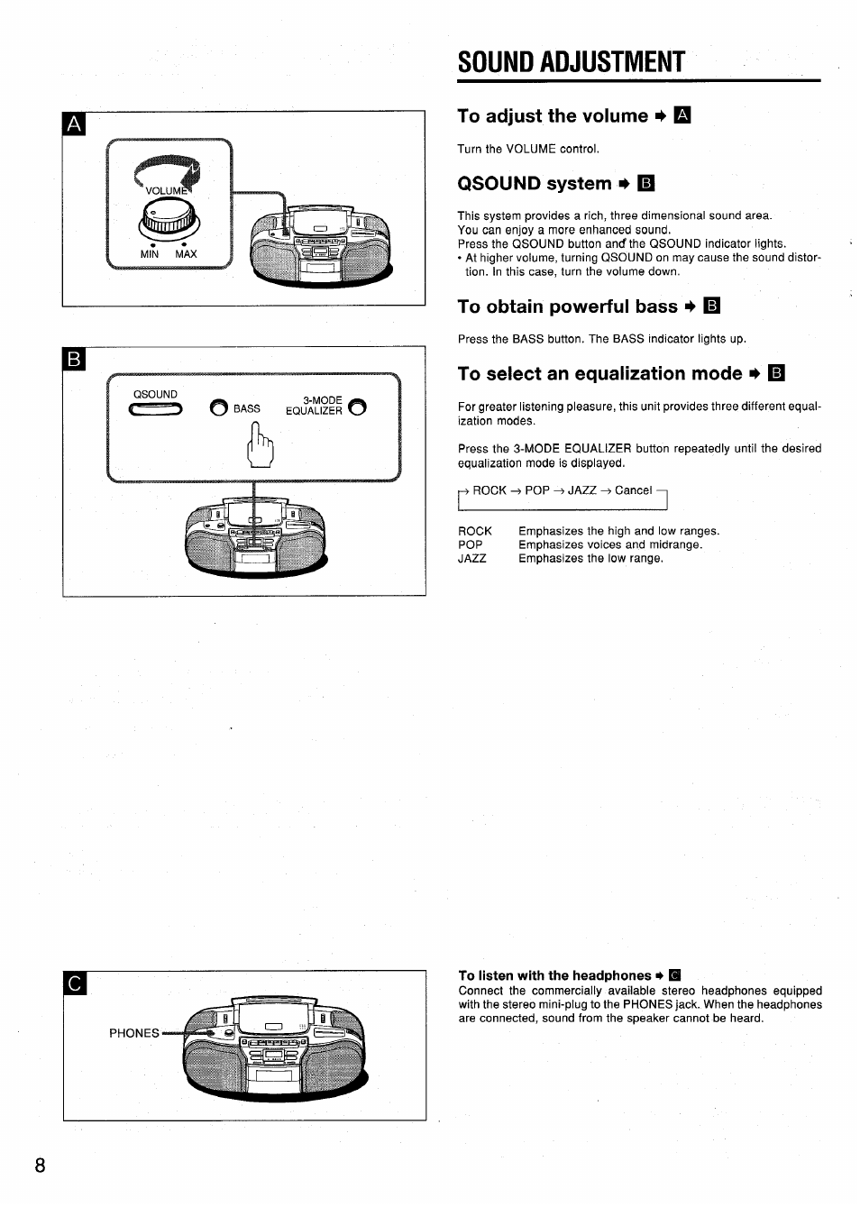 Sound adjustment, To adjust the volume 4, Qsound system 4 id | To obtain powerful bass 4 id, To select an equalization mode 4 i0, 4 id, 4 i0, Qsound system | Aiwa CSD-ES370 User Manual | Page 8 / 31