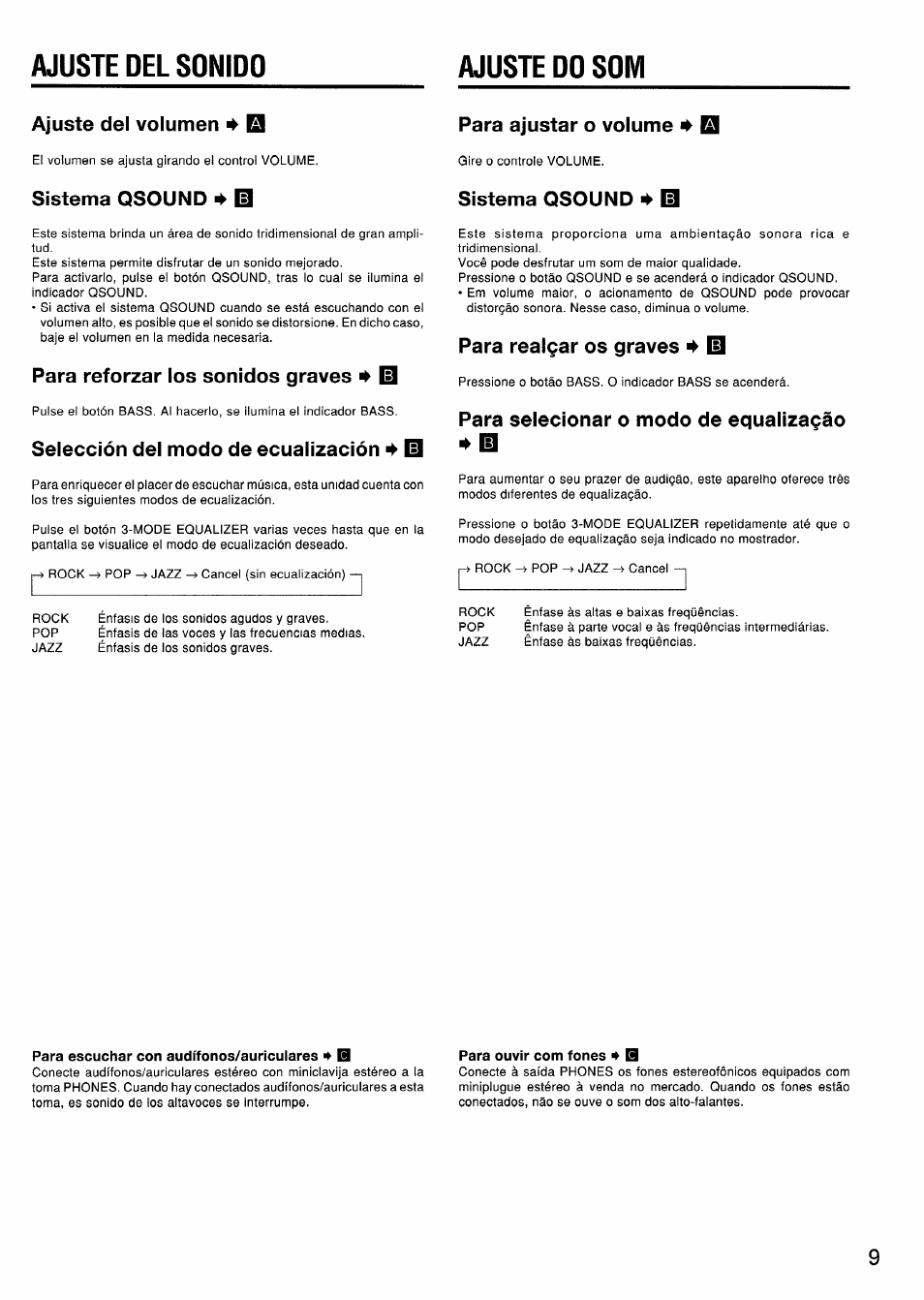 Ajuste del sonido, Ajuste del volumen 4 el, Sistema qsound ^ id | Para reforzar los sonidos graves ^ id, Selección del modo de ecualización 4 id, Para ajustar o volume ^ q, Sistema qsound id, Para realgar os graves 4 id, Para selecionar o modo de equalizagáo, Ajuste del sonido ajuste do som | Aiwa CSD-ES370 User Manual | Page 9 / 31