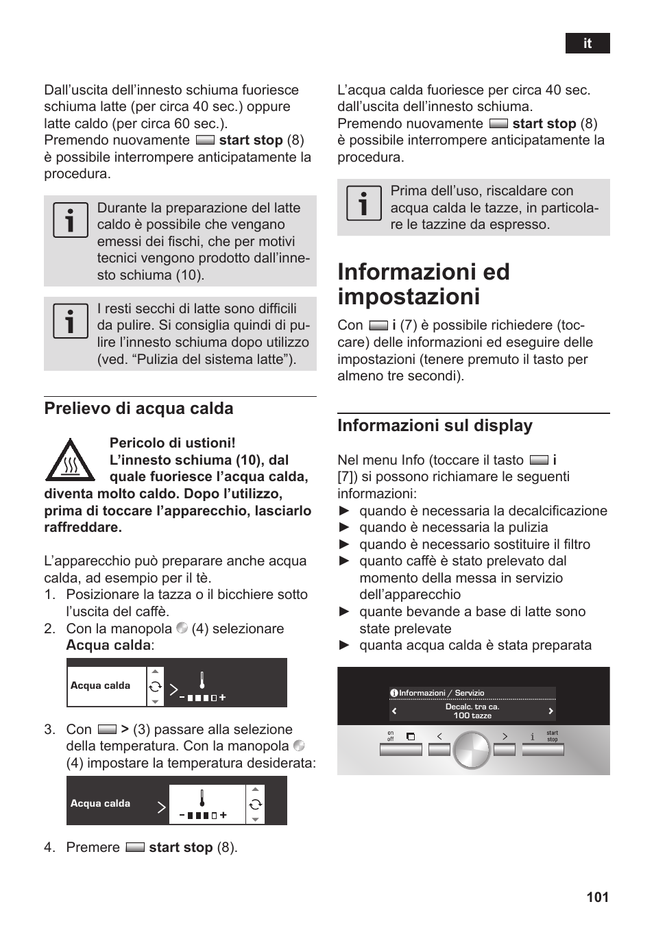 Informazioni ed impostazioni, Prelievo di acqua calda, Informazioni sul display | Siemens TK76K573 User Manual | Page 103 / 182